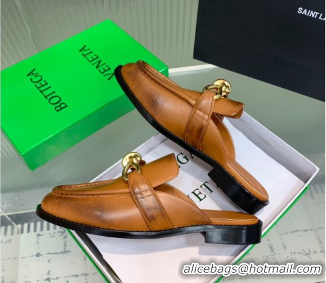 Grade Bottega Veneta Astaire Flat Mules in Faded Calfskin with Knot Brown/Gold 0823047