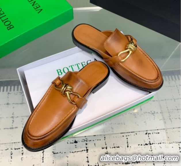 Grade Bottega Veneta Astaire Flat Mules in Faded Calfskin with Knot Brown/Gold 0823047