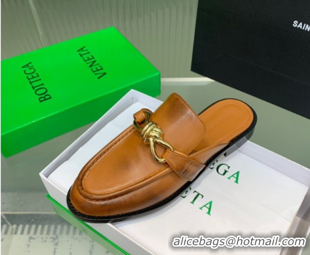Grade Bottega Veneta Astaire Flat Mules in Faded Calfskin with Knot Brown/Gold 0823047