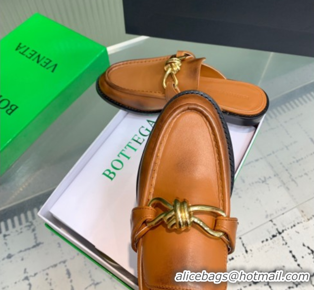 Grade Bottega Veneta Astaire Flat Mules in Faded Calfskin with Knot Brown/Gold 0823047