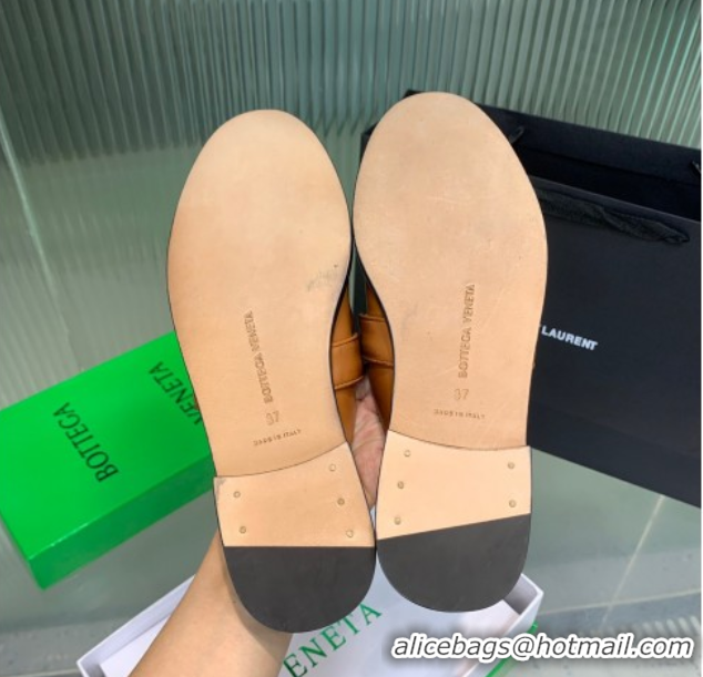 Grade Bottega Veneta Astaire Flat Mules in Faded Calfskin with Knot Brown/Gold 0823047