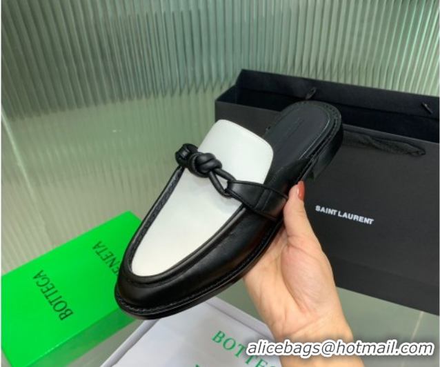 Stylish Bottega Veneta Astaire Flat Mules in Calfskin Leather with One-Tone Knot Black/White 0823048