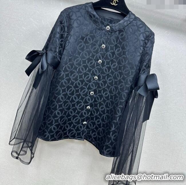 ​Best Quality Chanel Silk and Mesh Shirt with Bow CH111464 Black 2025