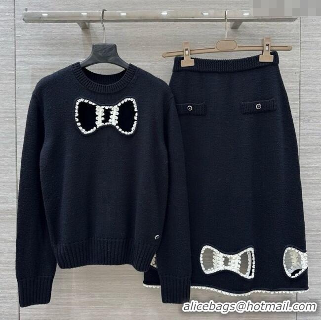 Top Design Chanel Wool Silk Sweater and Skirt Set with Bow CH111501 Black 2025