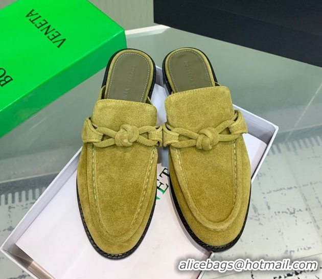 Purchase Bottega Veneta Astaire Flat Mules in Suede with One-Tone Knot Green 0823051