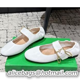 Sumptuous Bottega Veneta Astaire Mary-Jane Ballerinas Flat in Lambskin Leather with Rabbit Shaped Buckle White 0823056