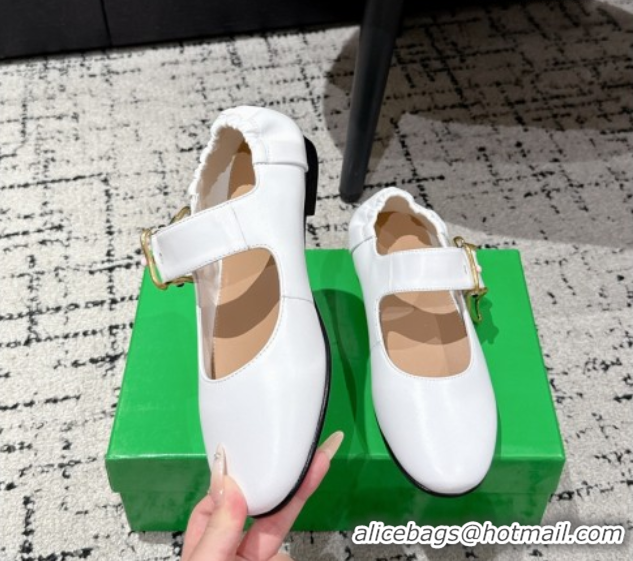 Sumptuous Bottega Veneta Astaire Mary-Jane Ballerinas Flat in Lambskin Leather with Rabbit Shaped Buckle White 0823056