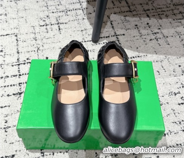 Hot Style Bottega Veneta Astaire Mary-Jane Ballerinas Flat in Lambskin Leather with Rabbit Shaped Buckle Black 0823057