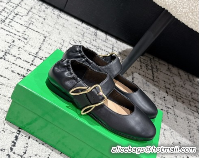 Hot Style Bottega Veneta Astaire Mary-Jane Ballerinas Flat in Lambskin Leather with Rabbit Shaped Buckle Black 0823057