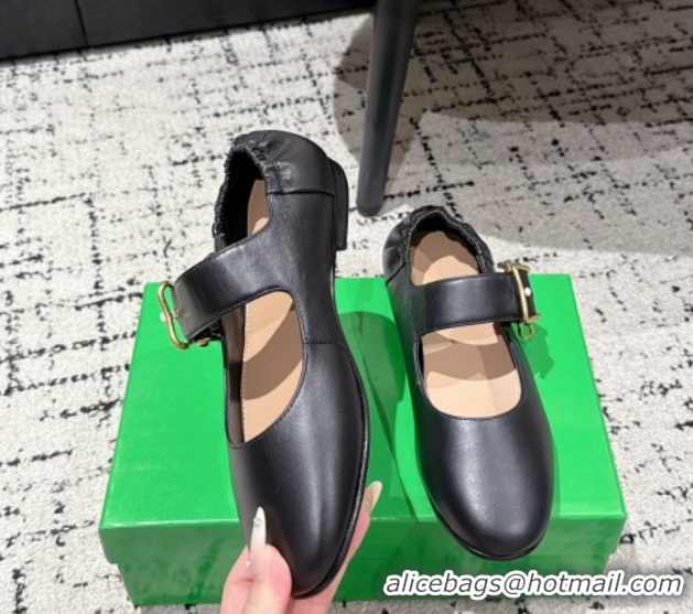 Hot Style Bottega Veneta Astaire Mary-Jane Ballerinas Flat in Lambskin Leather with Rabbit Shaped Buckle Black 0823057
