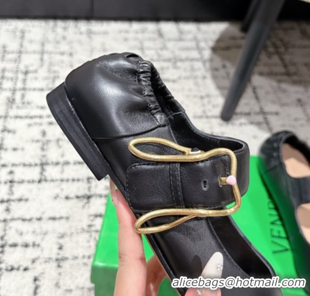 Hot Style Bottega Veneta Astaire Mary-Jane Ballerinas Flat in Lambskin Leather with Rabbit Shaped Buckle Black 0823057