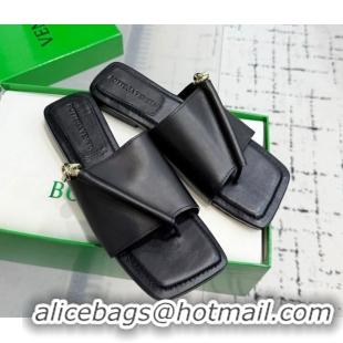 Discount Bottega Veneta Solstice Flat Thong Slides Sandal in Calfskin Leather Black 0823062