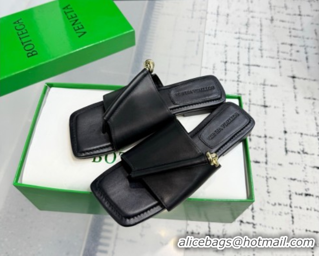 Discount Bottega Veneta Solstice Flat Thong Slides Sandal in Calfskin Leather Black 0823062