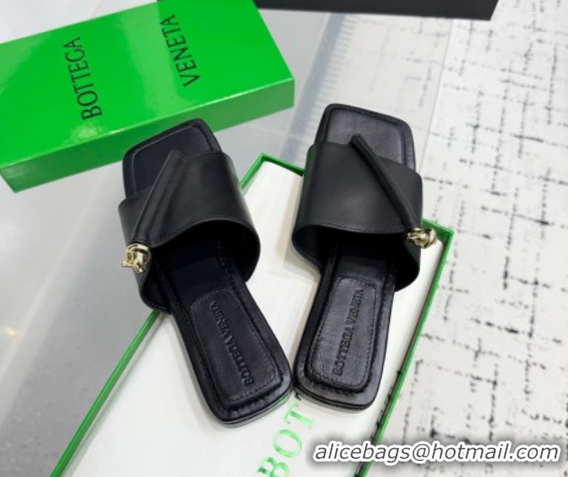 Discount Bottega Veneta Solstice Flat Thong Slides Sandal in Calfskin Leather Black 0823062