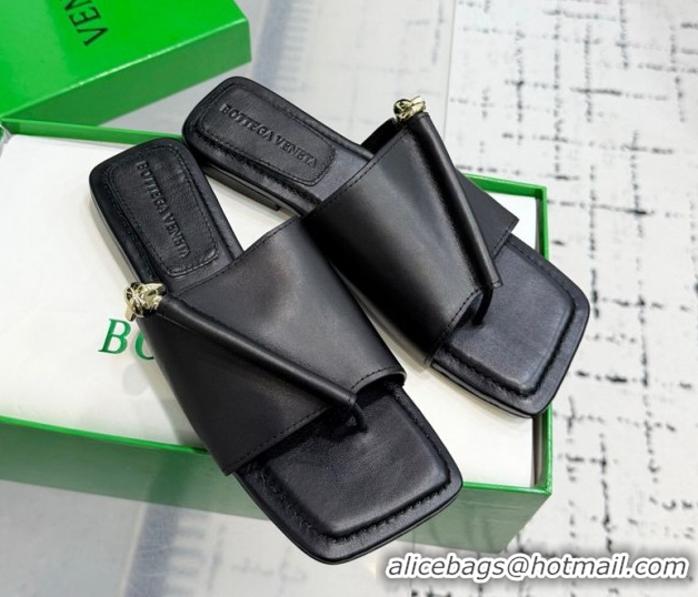 Discount Bottega Veneta Solstice Flat Thong Slides Sandal in Calfskin Leather Black 0823062