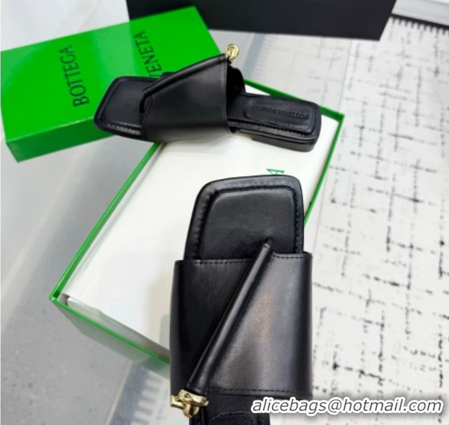 Discount Bottega Veneta Solstice Flat Thong Slides Sandal in Calfskin Leather Black 0823062