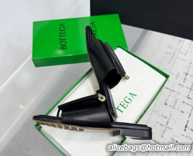 Discount Bottega Veneta Solstice Flat Thong Slides Sandal in Calfskin Leather Black 0823062