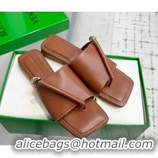 Best Price Bottega Veneta Solstice Flat Thong Slides Sandal in Calfskin Leather Brown 0823063