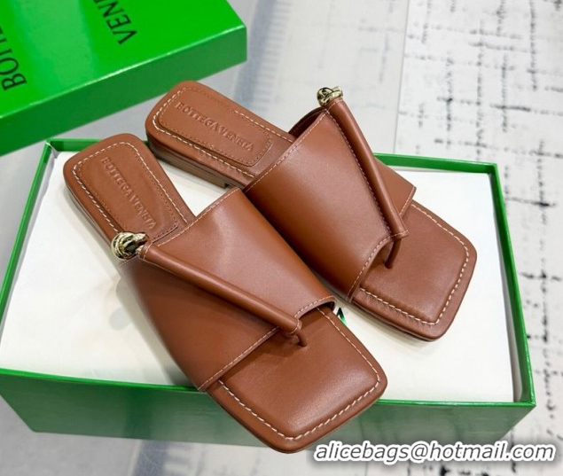 Best Price Bottega Veneta Solstice Flat Thong Slides Sandal in Calfskin Leather Brown 0823063
