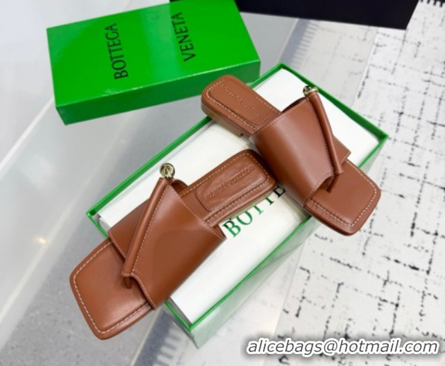 Best Price Bottega Veneta Solstice Flat Thong Slides Sandal in Calfskin Leather Brown 0823063