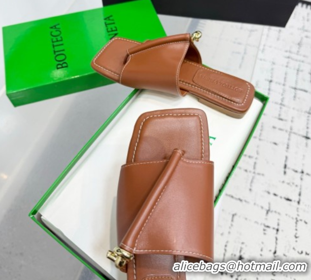 Best Price Bottega Veneta Solstice Flat Thong Slides Sandal in Calfskin Leather Brown 0823063