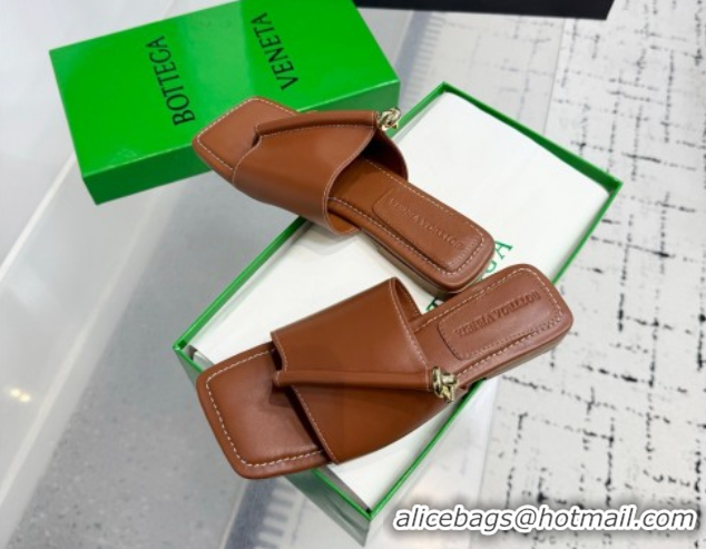 Best Price Bottega Veneta Solstice Flat Thong Slides Sandal in Calfskin Leather Brown 0823063