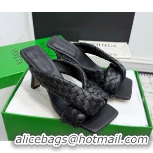 Sumptuous Bottega Veneta Riva Heel Slides Sandal 9cm in Woven Leather Black 1027155