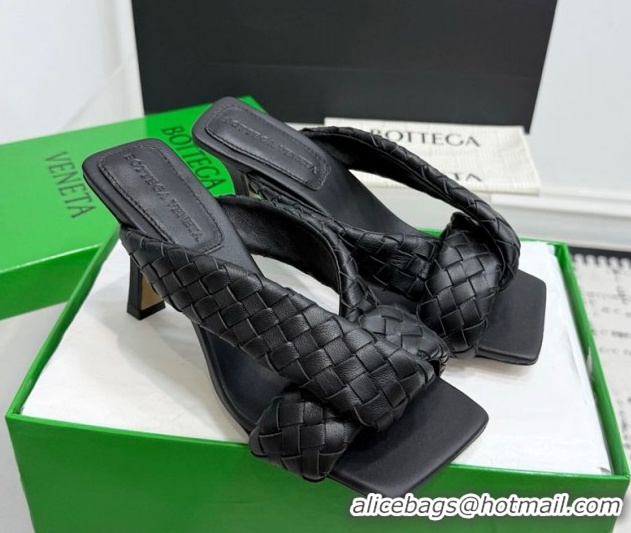 Sumptuous Bottega Veneta Riva Heel Slides Sandal 9cm in Woven Leather Black 1027155
