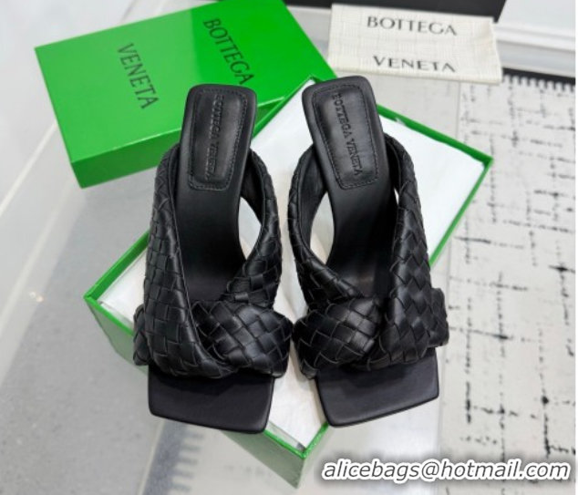Sumptuous Bottega Veneta Riva Heel Slides Sandal 9cm in Woven Leather Black 1027155