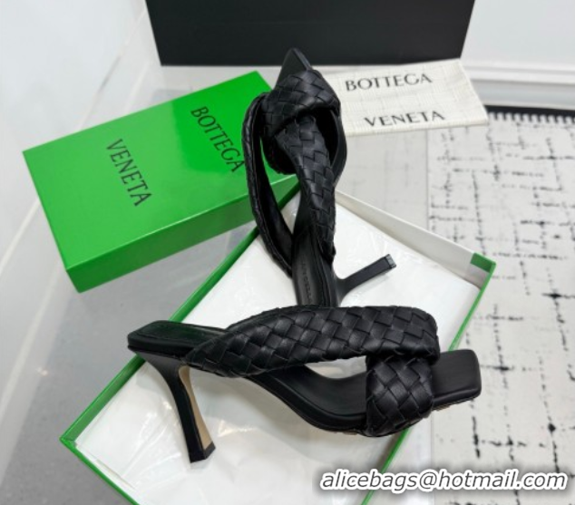 Sumptuous Bottega Veneta Riva Heel Slides Sandal 9cm in Woven Leather Black 1027155