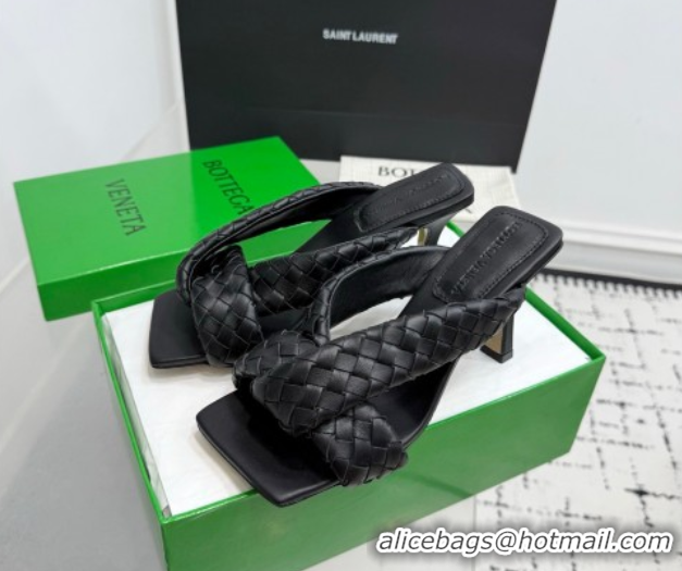 Sumptuous Bottega Veneta Riva Heel Slides Sandal 9cm in Woven Leather Black 1027155