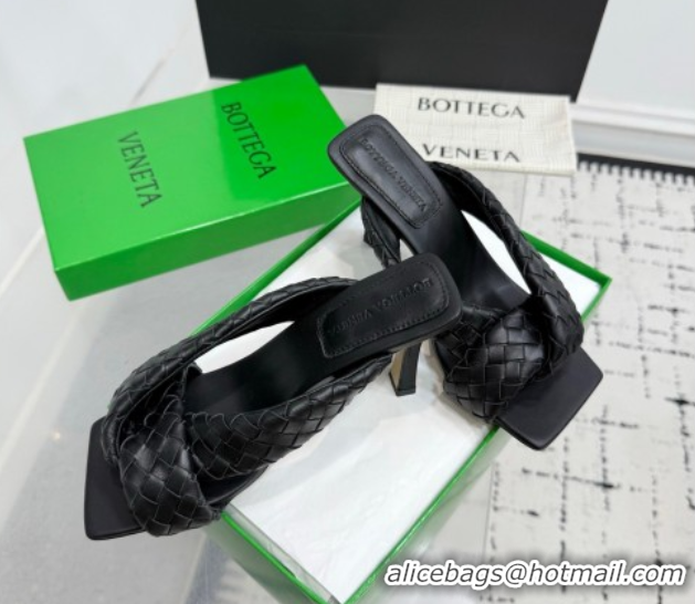 Sumptuous Bottega Veneta Riva Heel Slides Sandal 9cm in Woven Leather Black 1027155