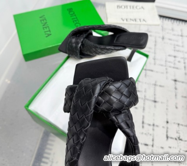 Sumptuous Bottega Veneta Riva Heel Slides Sandal 9cm in Woven Leather Black 1027155