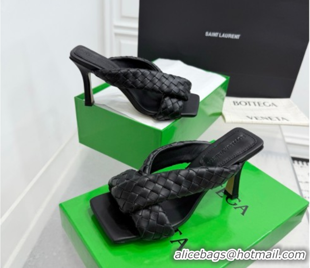 Sumptuous Bottega Veneta Riva Heel Slides Sandal 9cm in Woven Leather Black 1027155