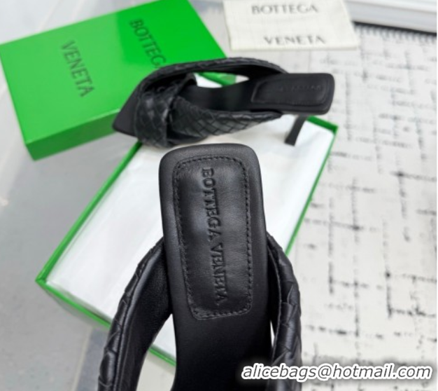 Sumptuous Bottega Veneta Riva Heel Slides Sandal 9cm in Woven Leather Black 1027155