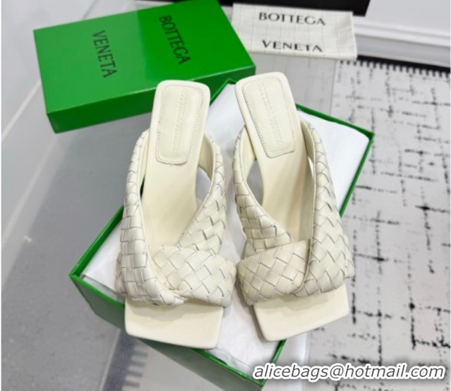 Low Price Bottega Veneta Riva Heel Slides Sandal 9cm in Woven Leather White 1027156