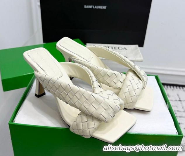 Low Price Bottega Veneta Riva Heel Slides Sandal 9cm in Woven Leather White 1027156
