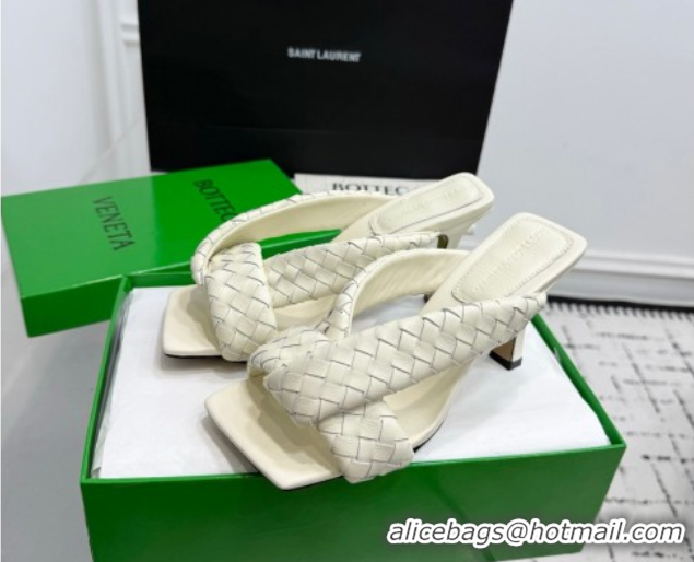 Low Price Bottega Veneta Riva Heel Slides Sandal 9cm in Woven Leather White 1027156