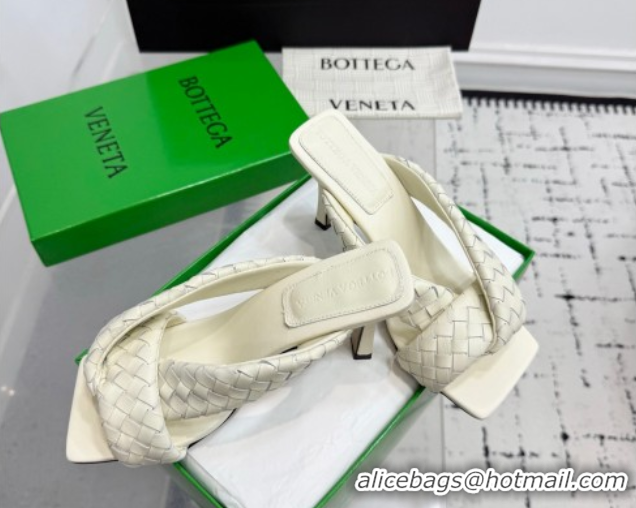 Low Price Bottega Veneta Riva Heel Slides Sandal 9cm in Woven Leather White 1027156
