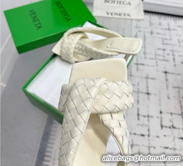 Low Price Bottega Veneta Riva Heel Slides Sandal 9cm in Woven Leather White 1027156