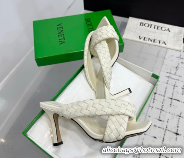 Low Price Bottega Veneta Riva Heel Slides Sandal 9cm in Woven Leather White 1027156
