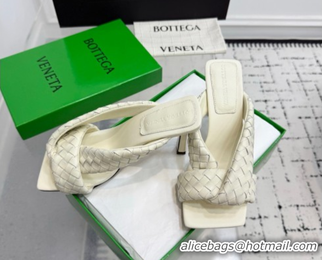 Low Price Bottega Veneta Riva Heel Slides Sandal 9cm in Woven Leather White 1027156