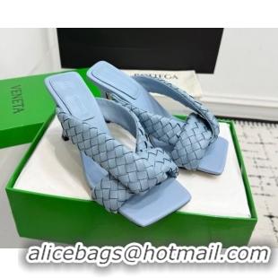Stylish Bottega Veneta Riva Heel Slides Sandal 9cm in Woven Leather Light Blue 1027157