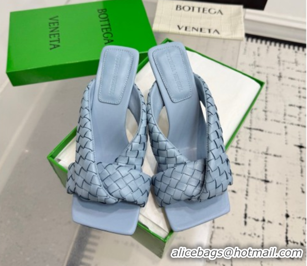 Stylish Bottega Veneta Riva Heel Slides Sandal 9cm in Woven Leather Light Blue 1027157
