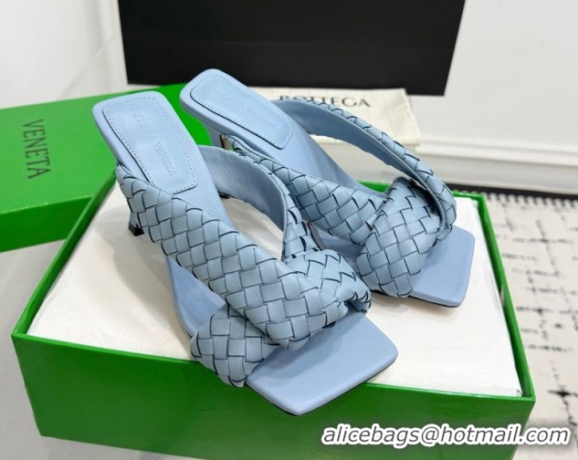 Stylish Bottega Veneta Riva Heel Slides Sandal 9cm in Woven Leather Light Blue 1027157