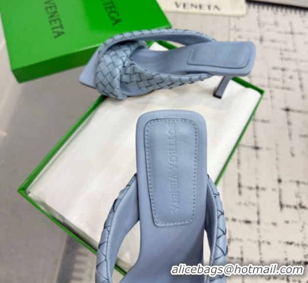 Stylish Bottega Veneta Riva Heel Slides Sandal 9cm in Woven Leather Light Blue 1027157