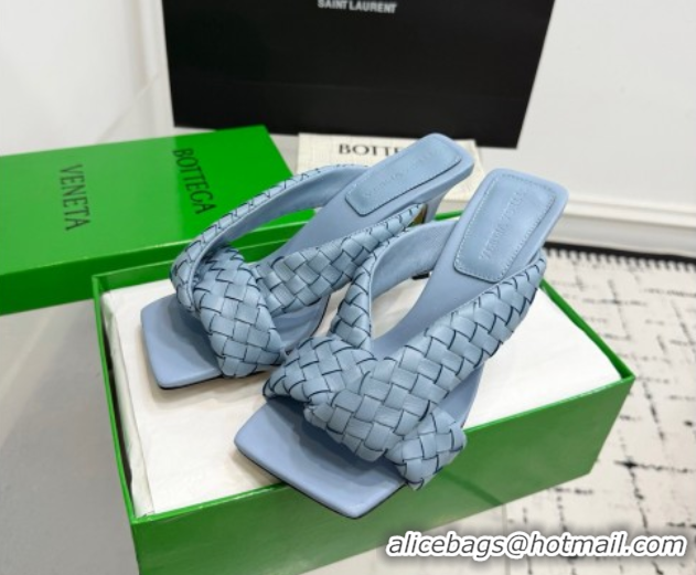 Stylish Bottega Veneta Riva Heel Slides Sandal 9cm in Woven Leather Light Blue 1027157