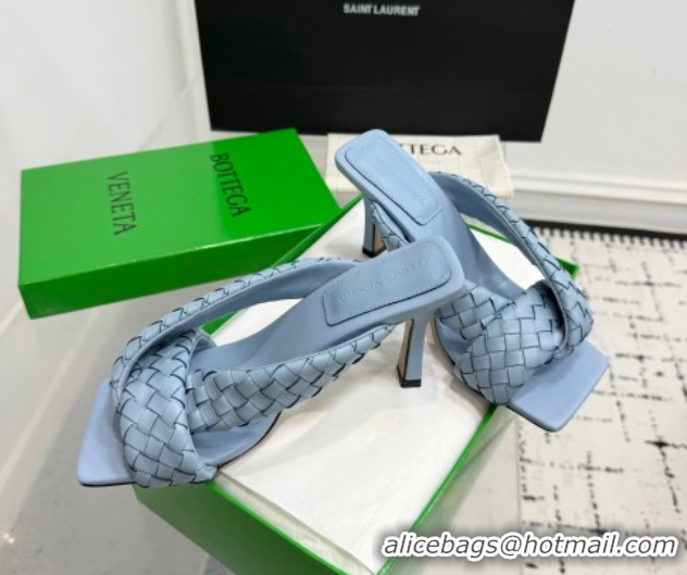 Stylish Bottega Veneta Riva Heel Slides Sandal 9cm in Woven Leather Light Blue 1027157