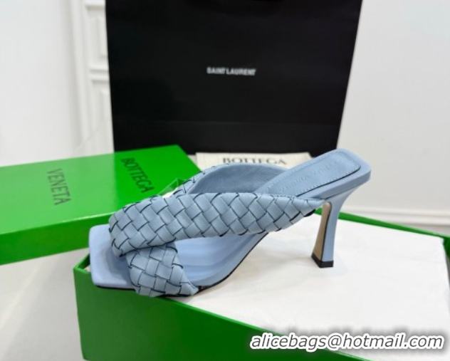 Stylish Bottega Veneta Riva Heel Slides Sandal 9cm in Woven Leather Light Blue 1027157