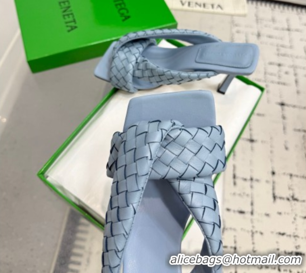 Stylish Bottega Veneta Riva Heel Slides Sandal 9cm in Woven Leather Light Blue 1027157